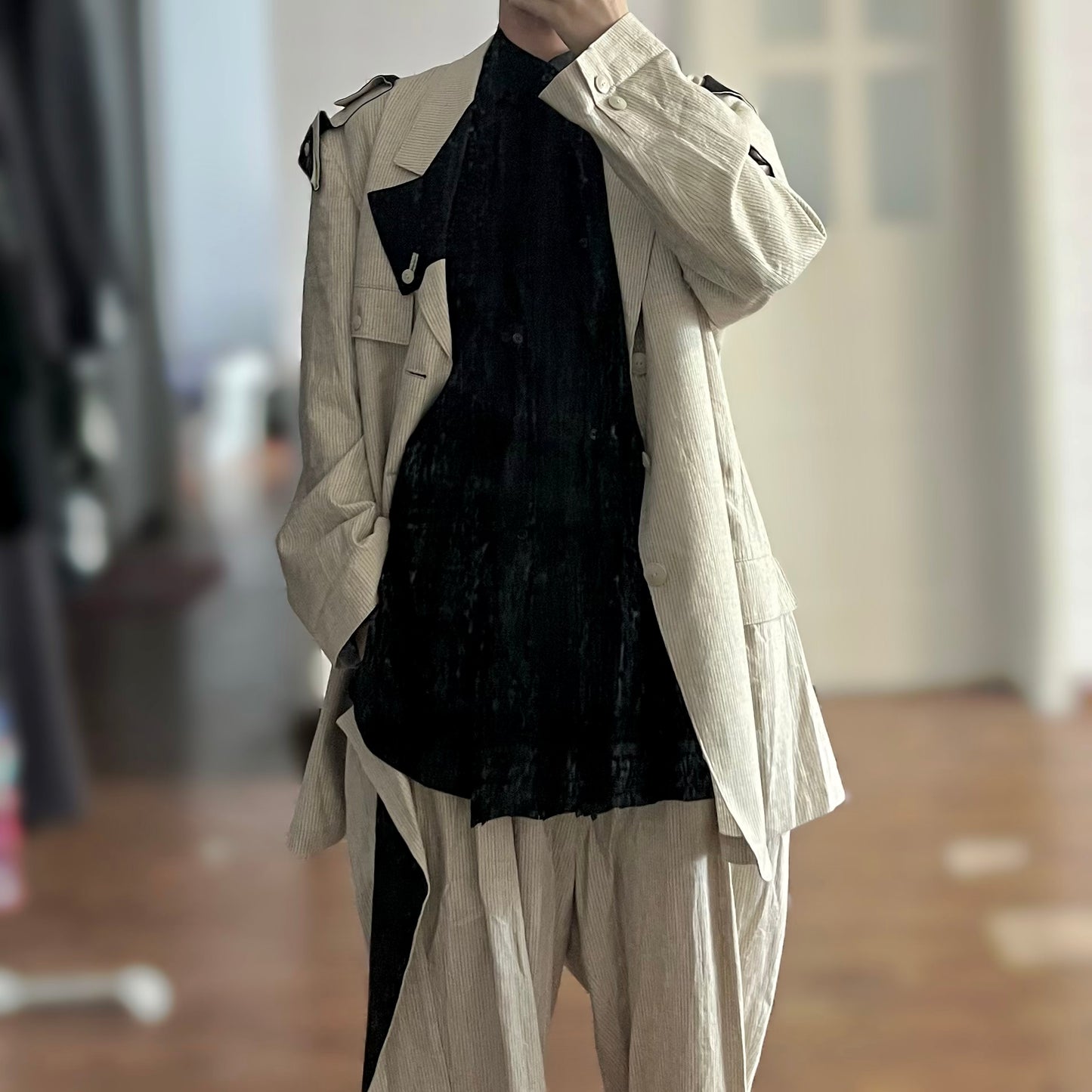 Yohji-Yamamoto Dark Pleated Torn Cotton Silk Blend Shirt Monochrome Palace Style