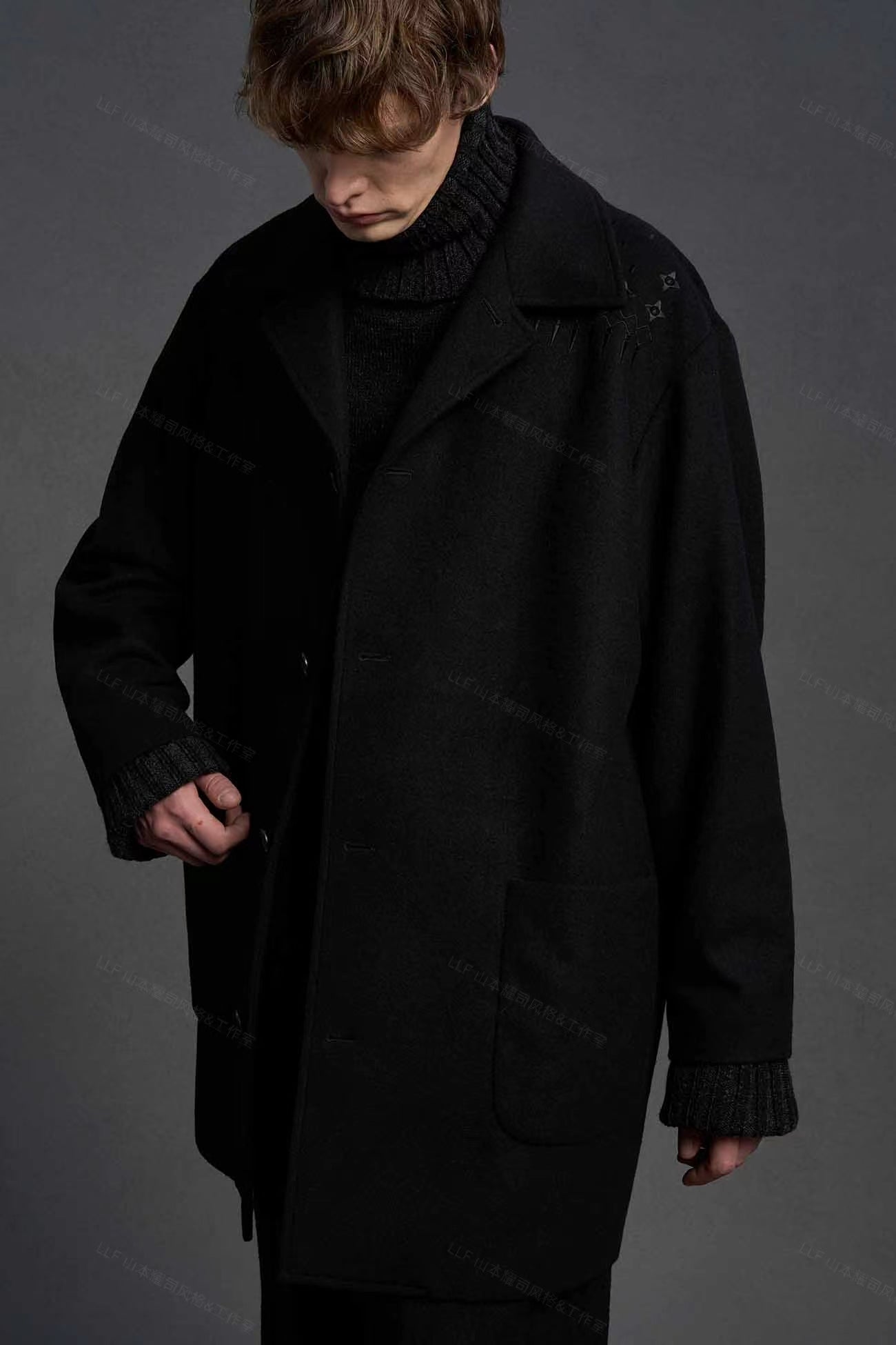 Self-made Yohji Yamamoto 23FW Dark Wool Coat – Heavy Embroidery Collection