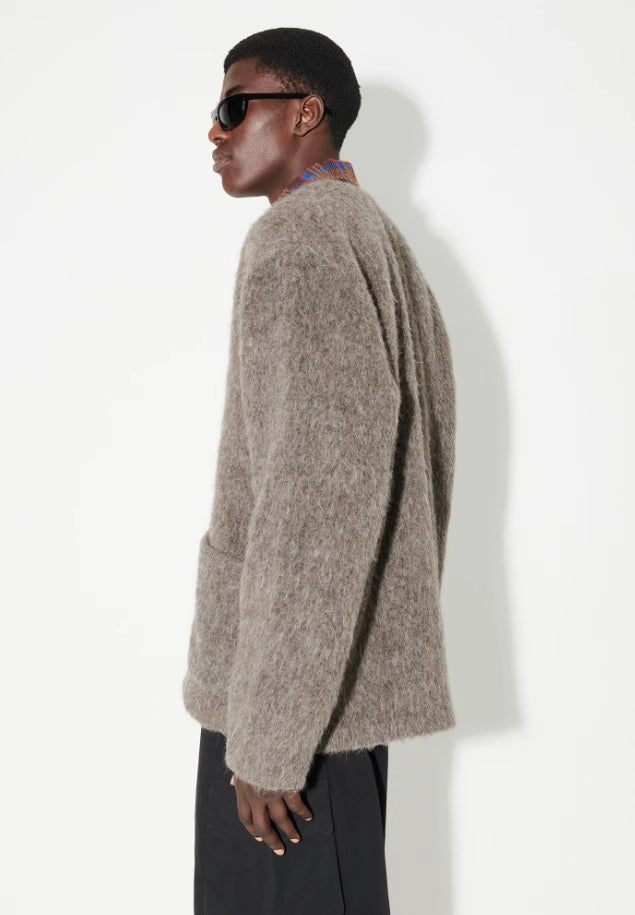 Self-made Our Legacy Gray-Brown Mohair Cardigan, Wool Blend Knitted Long Sleeve V-Neck Sweater