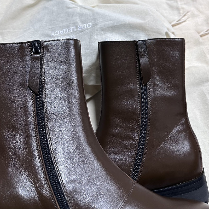 Self-made Our Legacy Brown Leather Mid-Calf Boots Minimalist High-End Chelsea