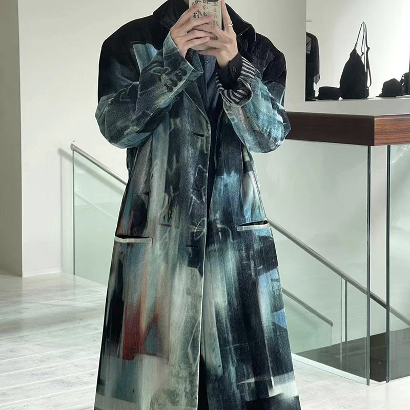 Donclickin Yohji Yamamoto Dead Sea Print Lake Blue Velvet Corduroy Trench Coat