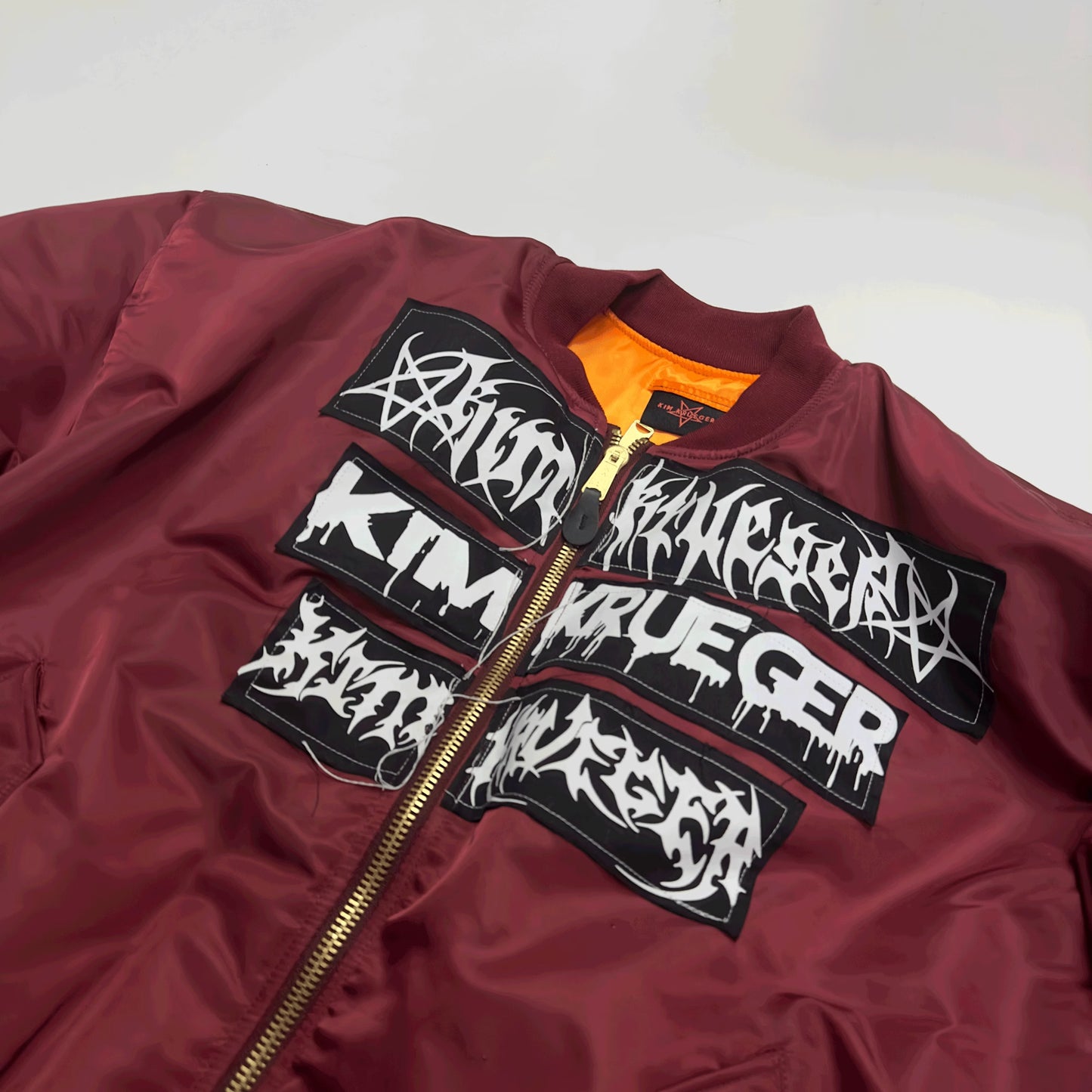 Kim Krueger Embroidered Patch Nylon Oversized Bomber Zip-Up Hooded Cotton Jacket