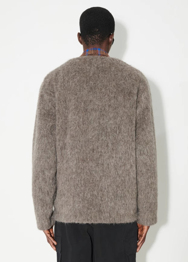 Self-made Our Legacy Gray-Brown Mohair Cardigan, Wool Blend Knitted Long Sleeve V-Neck Sweater