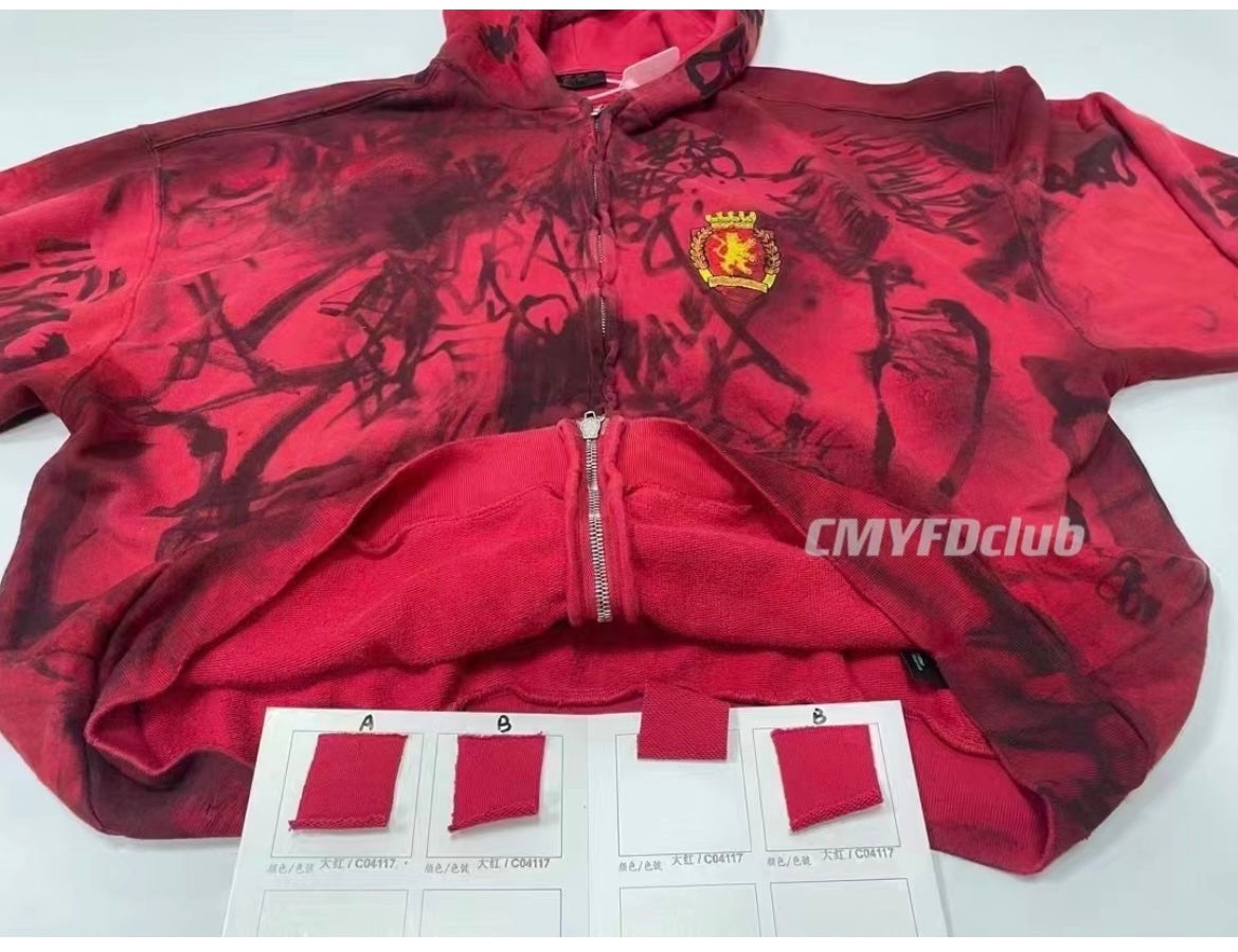 23SS Runway Manchester United Sater Hand-Painted Graffiti Distressed Muddy Zip-Up Hoodie