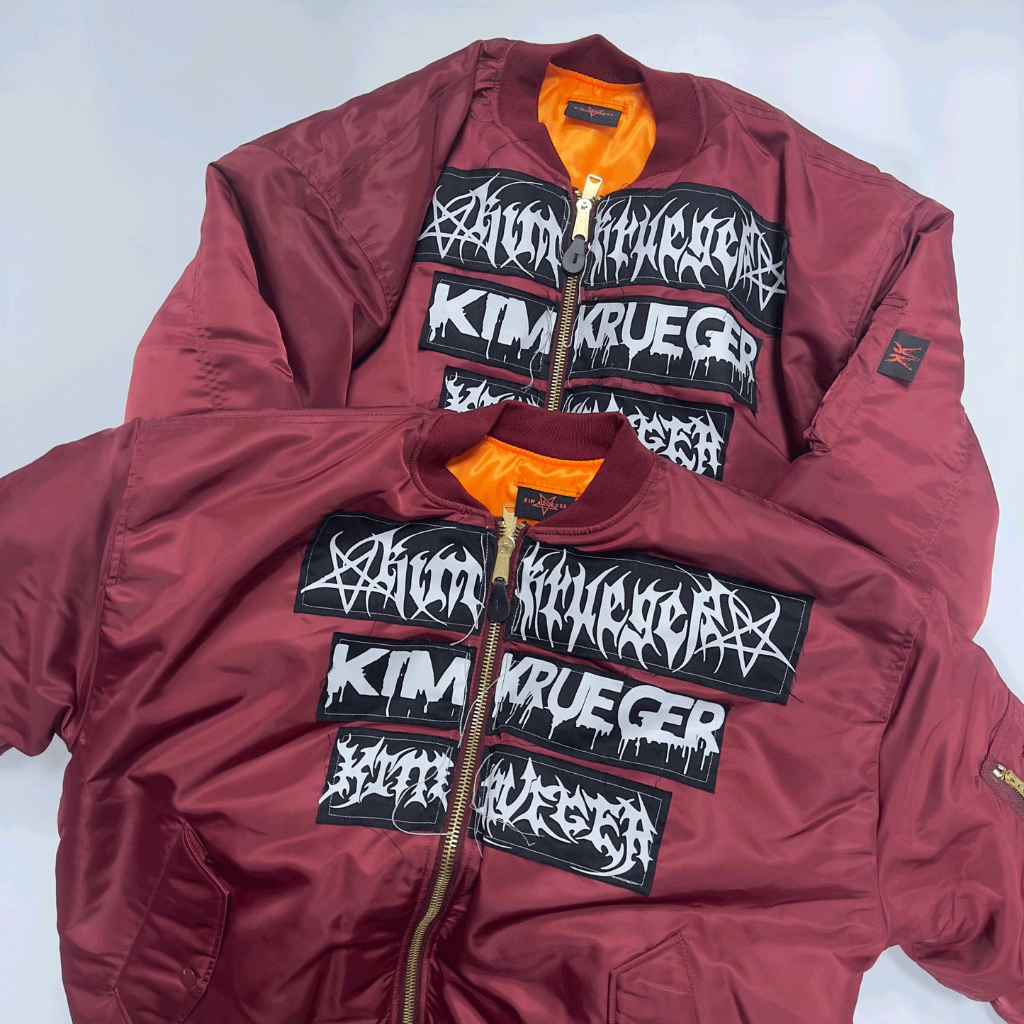 Kim Krueger Embroidered Patch Nylon Oversized Bomber Zip-Up Hooded Cotton Jacket