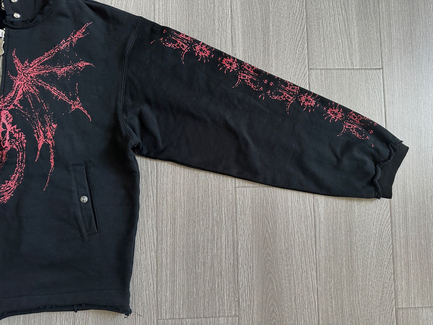 THUG CLUB Heavyweight Hoodie Dragon Spine Demon Print Studded Washed Zip-Up Jackets