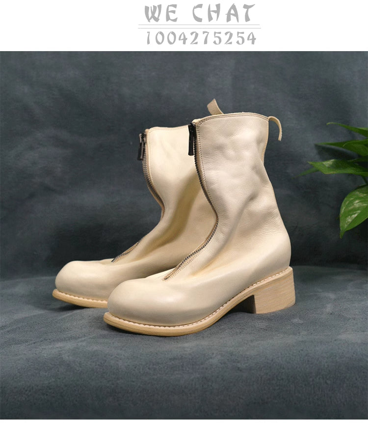 Self-made Guidi Horse Leather Distressed Chunky Heel Mid-Calf Ankle Boots PL1/2 Front-Zip