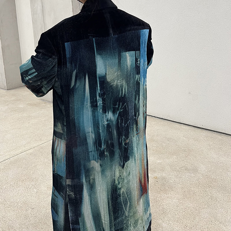 Donclickin Yohji Yamamoto Dead Sea Print Lake Blue Velvet Corduroy Trench Coat