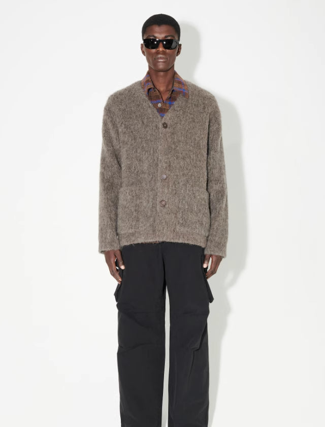 Self-made Our Legacy Gray-Brown Mohair Cardigan, Wool Blend Knitted Long Sleeve V-Neck Sweater