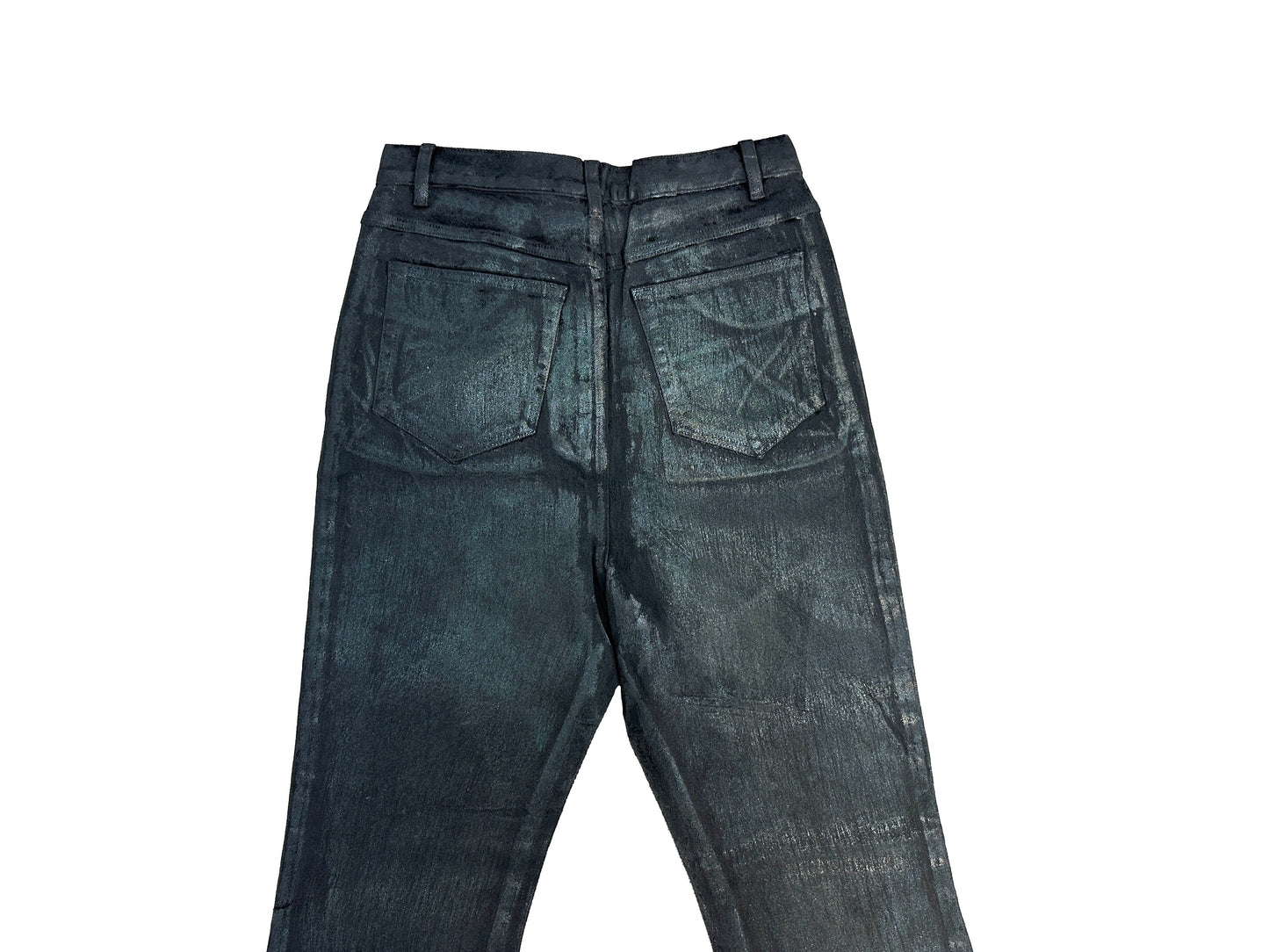 Self-made Rick Owen ACBT Dark Waxed Black Denim Pants – High Stretch Flared Wide-Leg Trousers