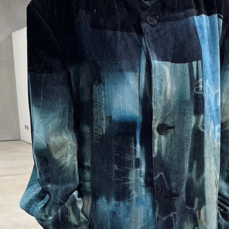 Donclickin Yohji Yamamoto Dead Sea Print Lake Blue Velvet Corduroy Trench Coat