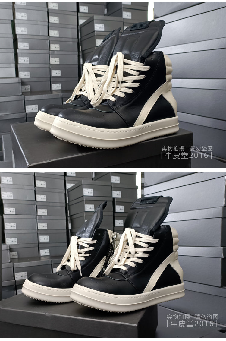 Self-made Rick Owen Reverse Triangle High-Top Leather Shoes Thick SoleSneakers Short Boots