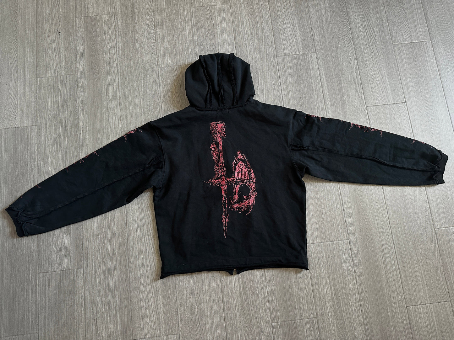 THUG CLUB Heavyweight Hoodie Dragon Spine Demon Print Studded Washed Zip-Up Jackets