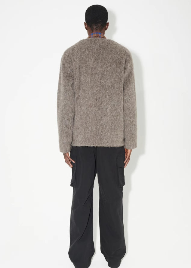 Self-made Our Legacy Gray-Brown Mohair Cardigan, Wool Blend Knitted Long Sleeve V-Neck Sweater