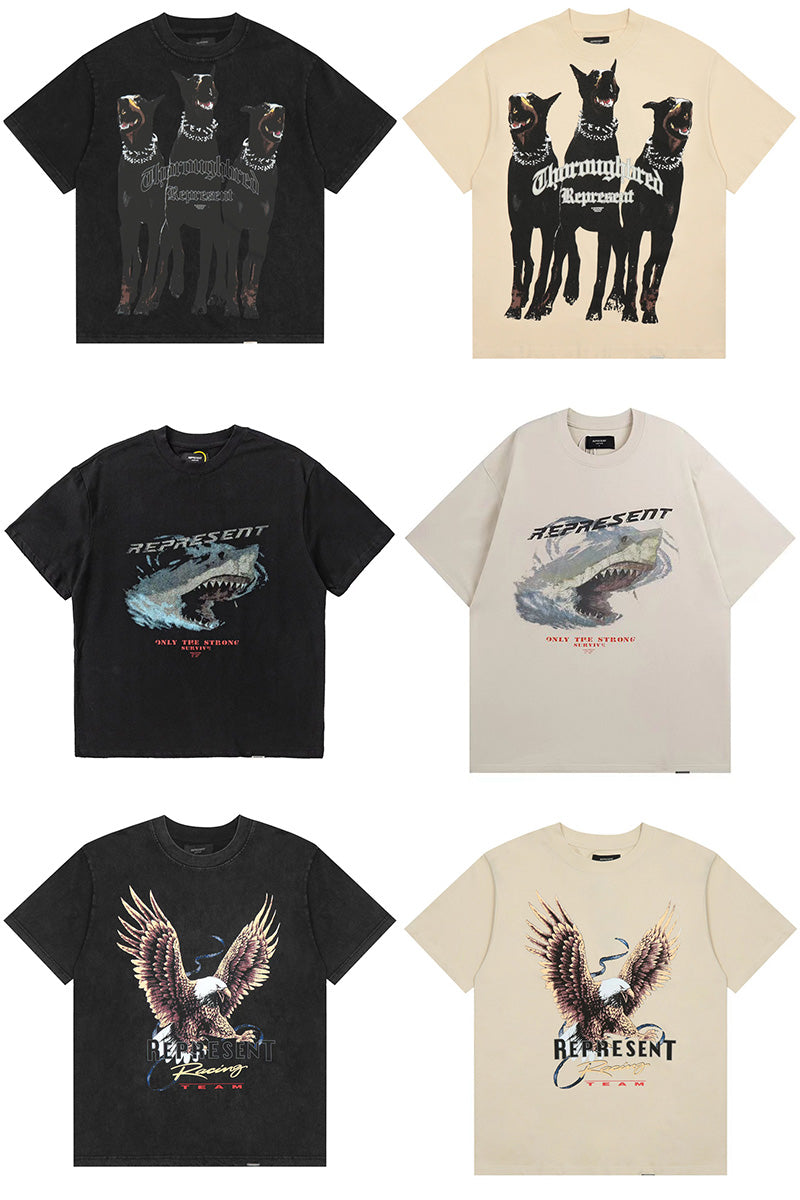 Self-made REPRESENT Washed Distressed Doberman Shark Short-Sleeve T-Shirt FOG