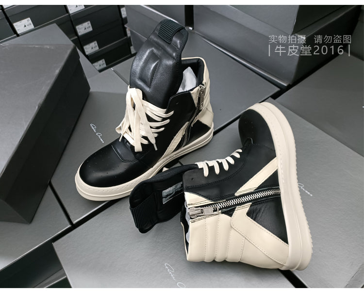 Self-made Rick Owen Reverse Triangle High-Top Leather Shoes Thick SoleSneakers Short Boots