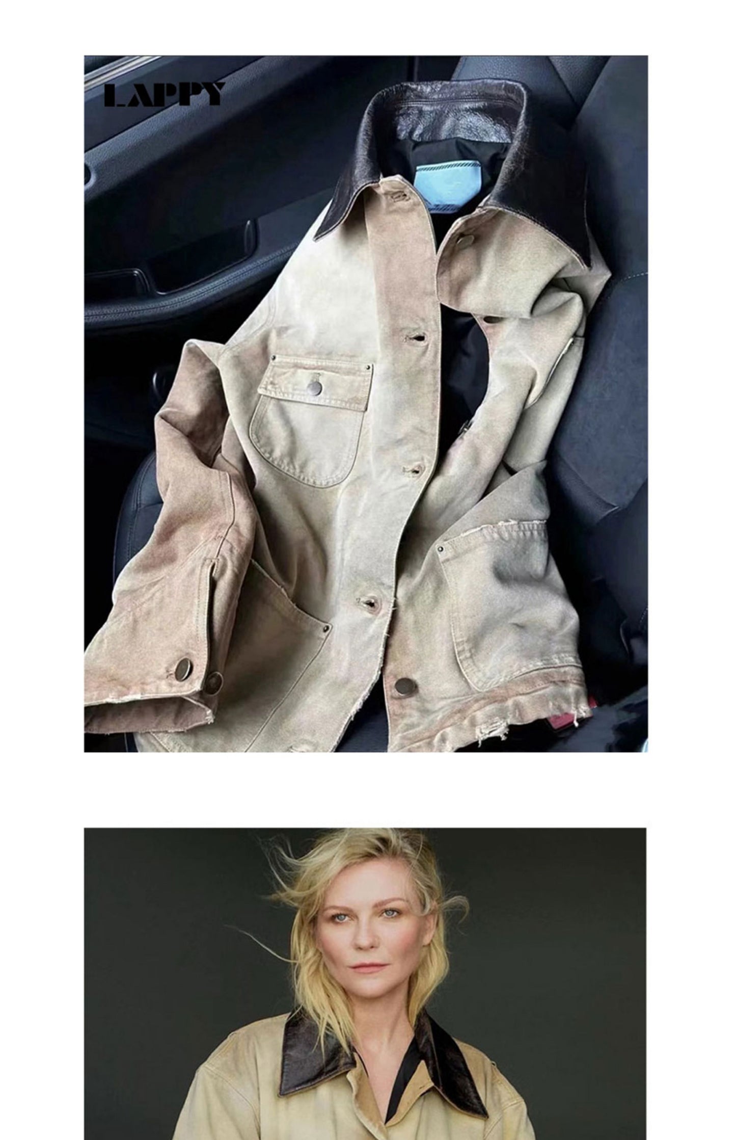 24SS Goatskin Patchwork Workwear Jacket with Leather Collar-Oversized Silhouette