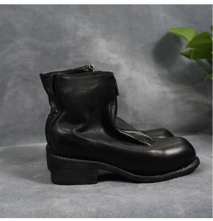 Self-made Guidi Horse Leather Distressed Chunky Heel Mid-Calf Ankle Boots PL1/2 Front-Zip