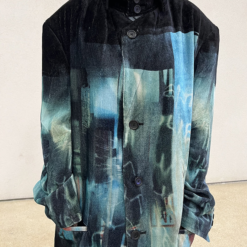 Donclickin Yohji Yamamoto Dead Sea Print Lake Blue Velvet Corduroy Trench Coat