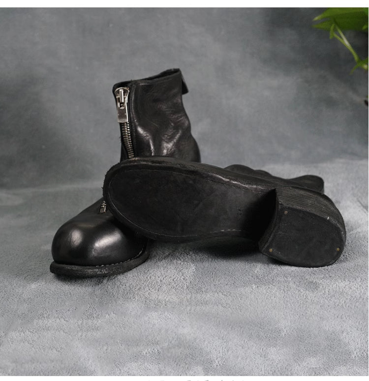 Self-made Guidi Horse Leather Distressed Chunky Heel Mid-Calf Ankle Boots PL1/2 Front-Zip