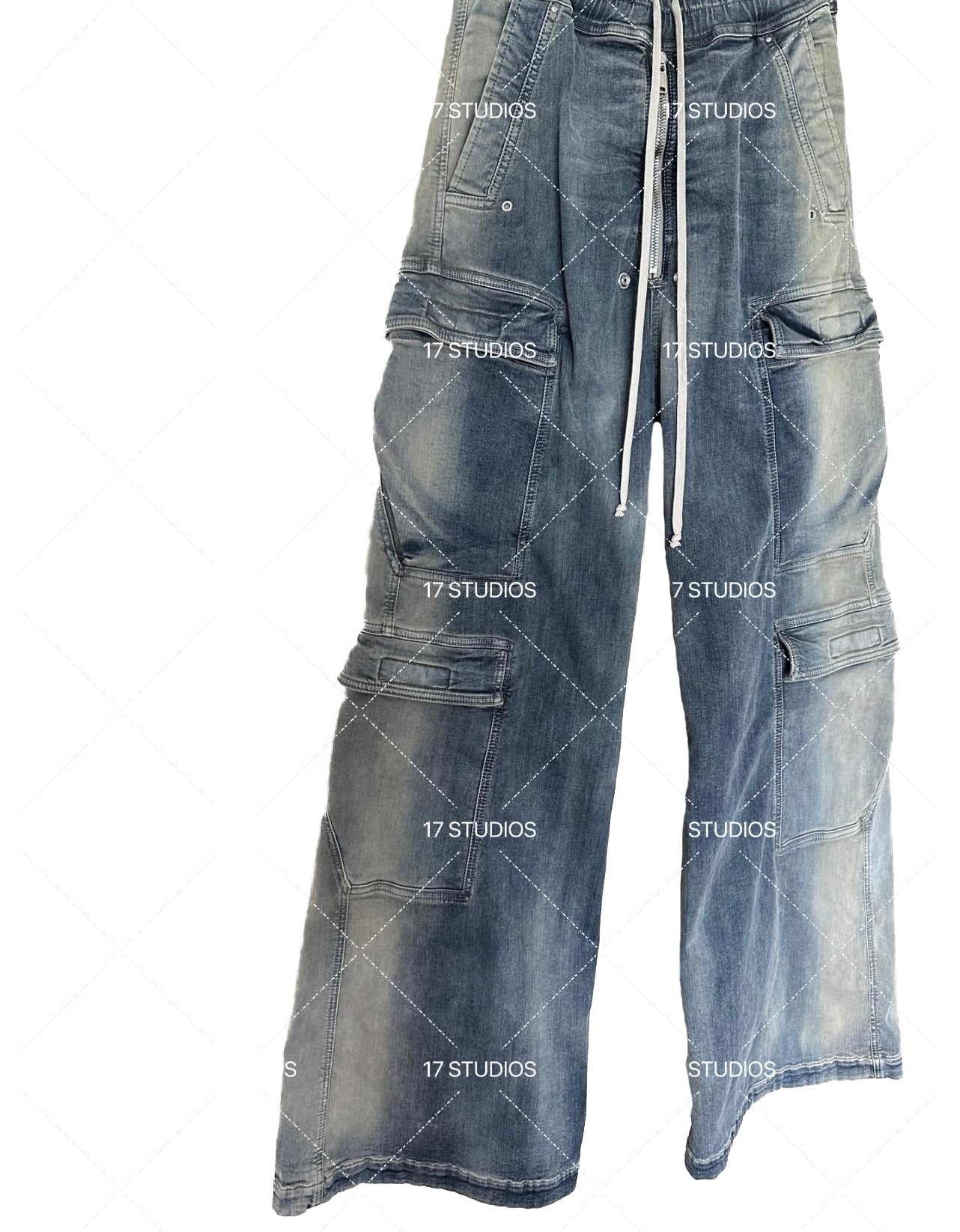 Ro Washed Gradient Multi-Pocket Cargo Jeans Straight Drawstring Wide-Leg Flare