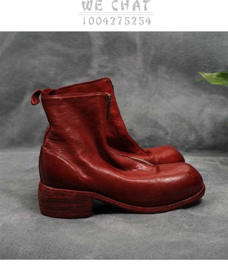 Self-made Guidi Horse Leather Distressed Chunky Heel Mid-Calf Ankle Boots PL1/2 Front-Zip