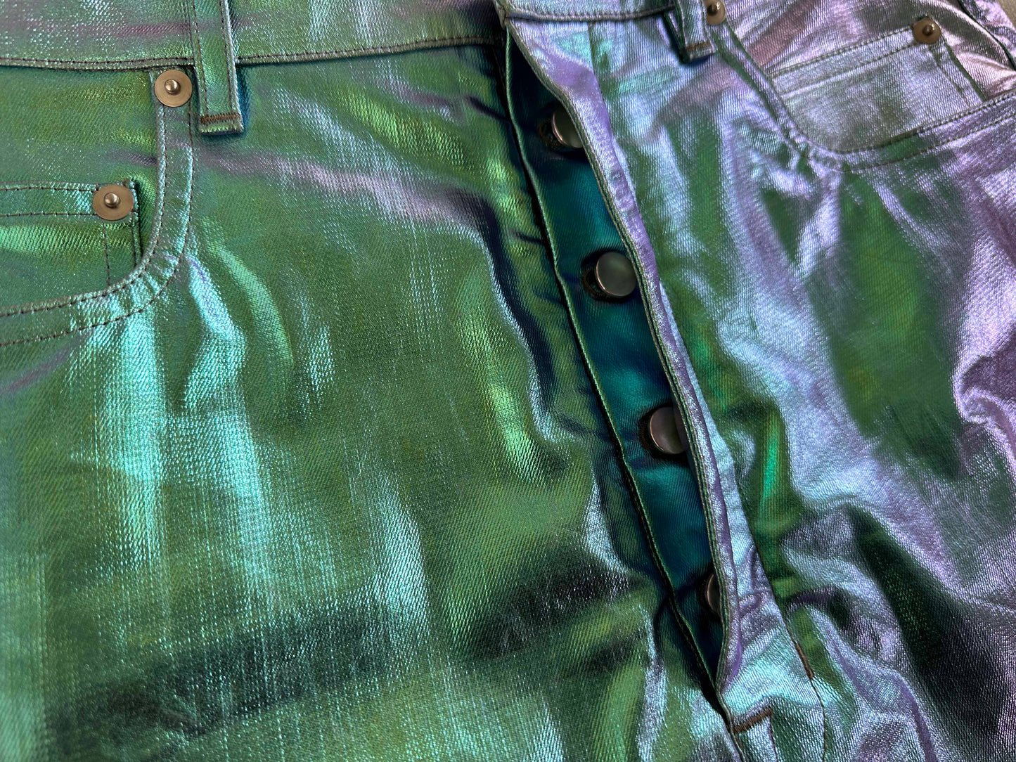 Rick Owen Acbt Coated Green Iridescent Flared Jeans - Wide-Leg Stacked Pants