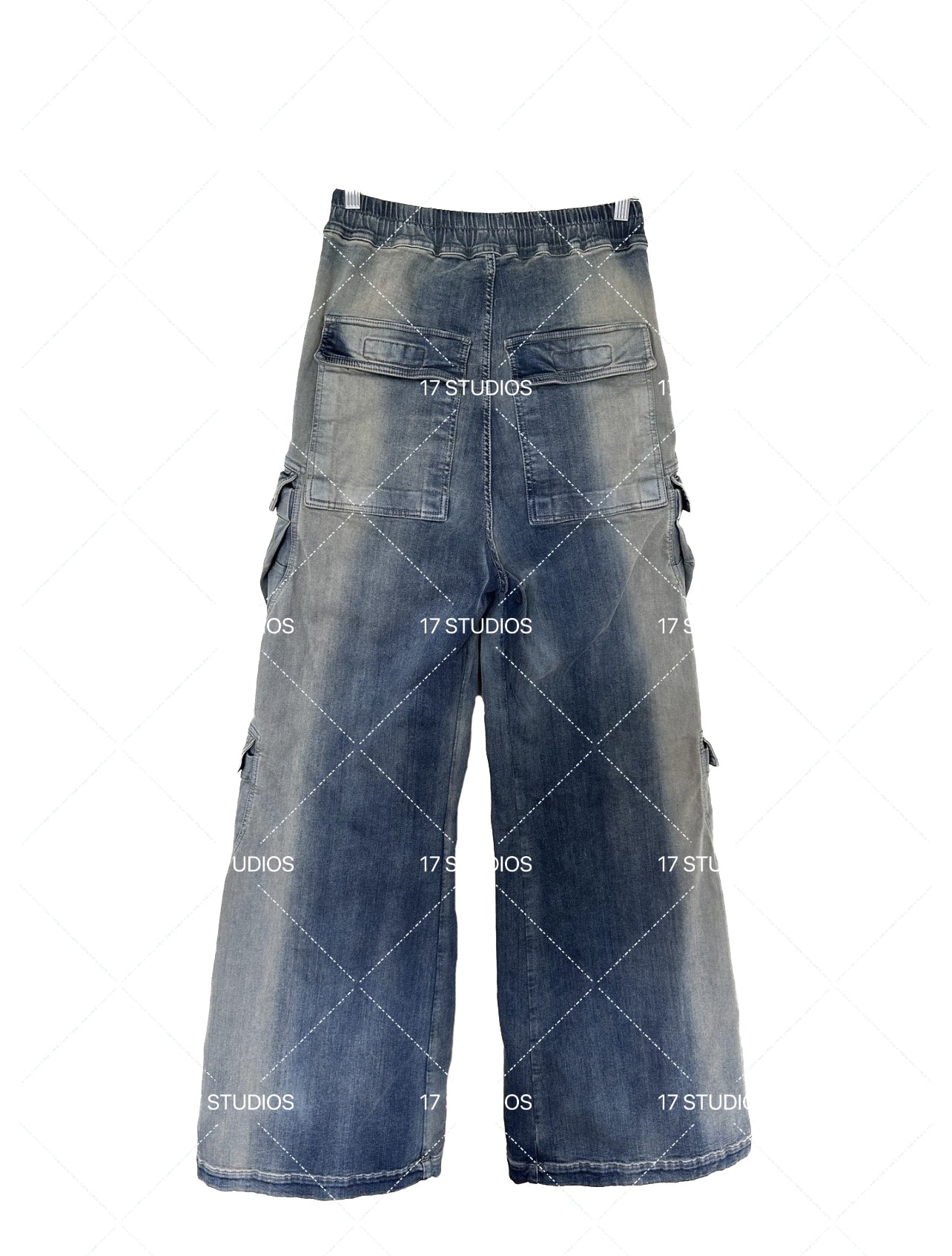 Ro Washed Gradient Multi-Pocket Cargo Jeans Straight Drawstring Wide-Leg Flare