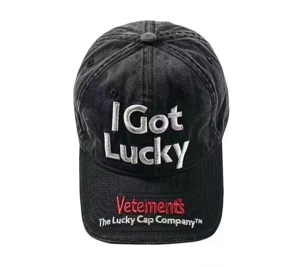 Vetements 22FW Washed Gray Embroidered Baseball Cap "I Got Lucky" Long Brim Hat