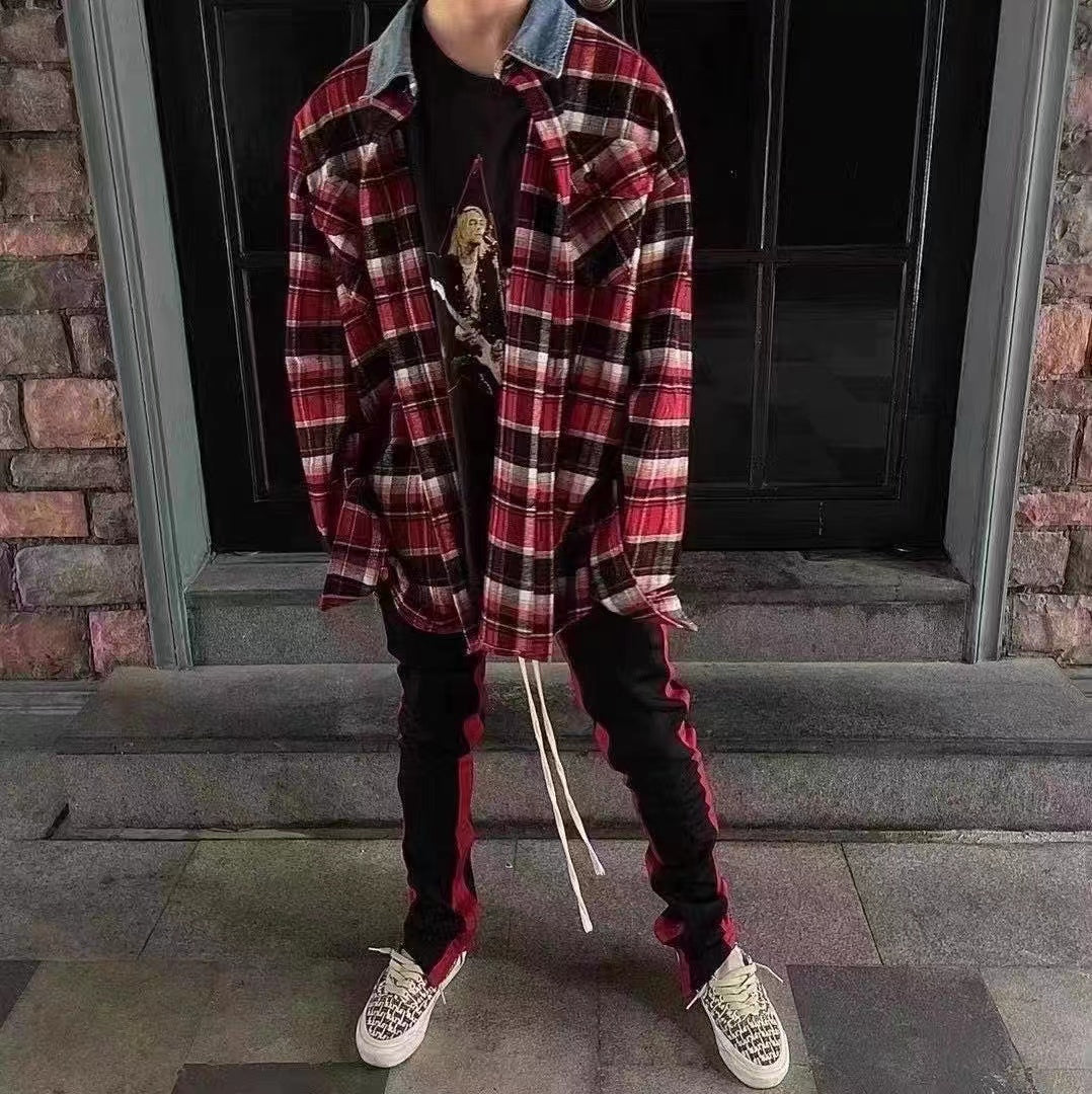 Self-made Fear of God FOG Fifth Season Red Checkered Shirt High Street Loose Fit