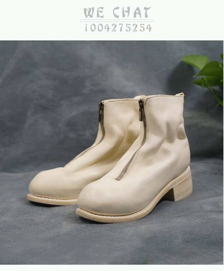 Self-made Guidi Horse Leather Distressed Chunky Heel Mid-Calf Ankle Boots PL1/2 Front-Zip