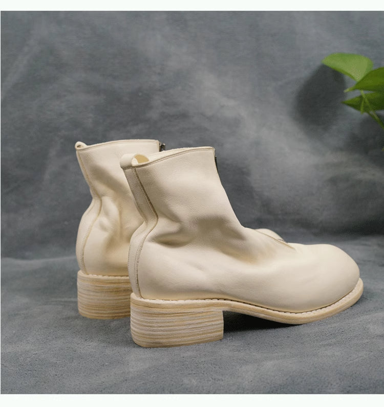 Self-made Guidi Horse Leather Distressed Chunky Heel Mid-Calf Ankle Boots PL1/2 Front-Zip