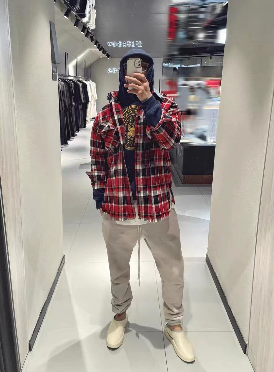 Self-made Fear of God FOG Fifth Season Red Checkered Shirt High Street Loose Fit