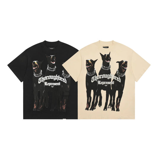 Self-made REPRESENT Washed Distressed Doberman Shark Short-Sleeve T-Shirt FOG