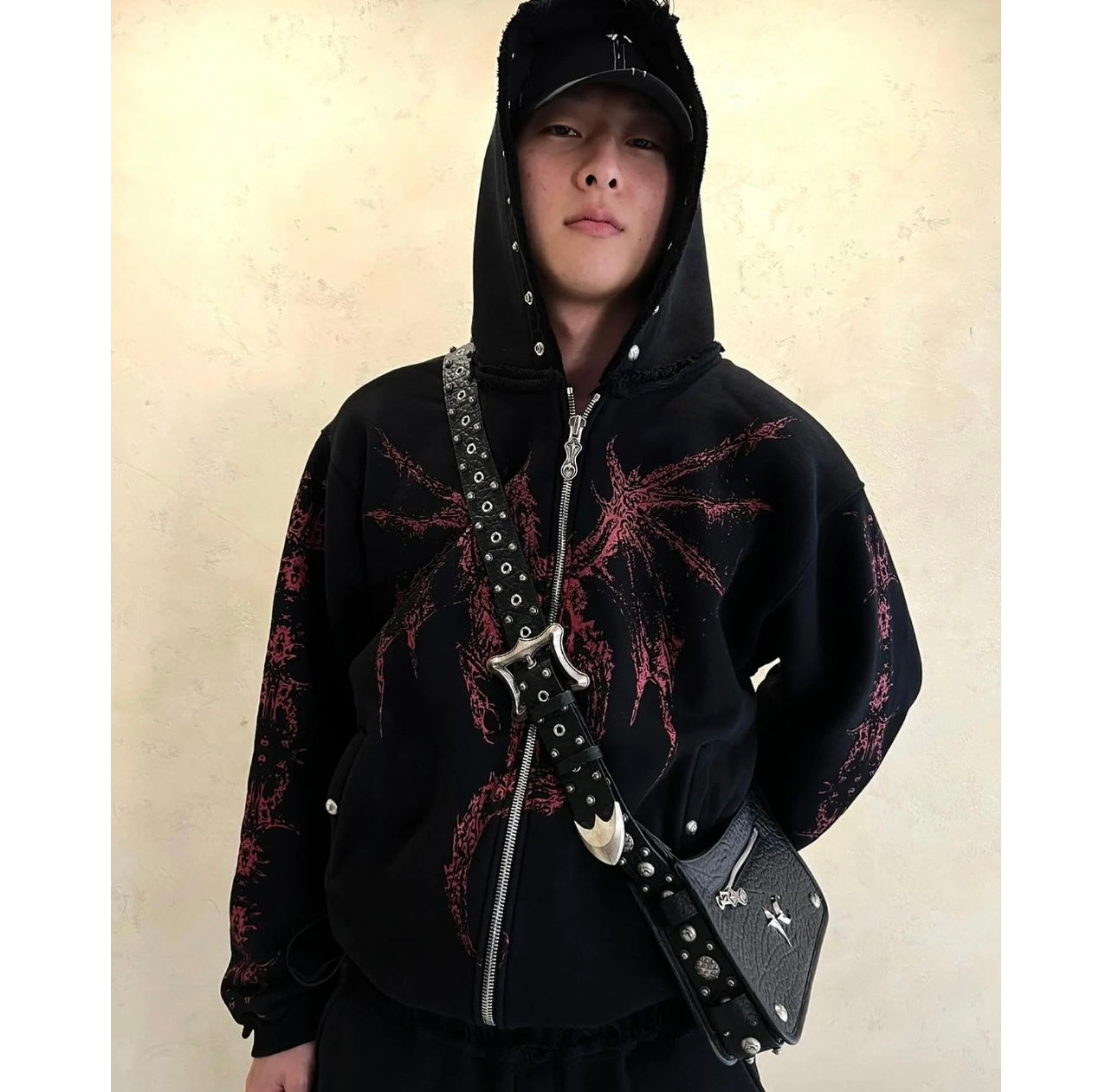 THUG CLUB Heavyweight Hoodie Dragon Spine Demon Print Studded Washed Zip-Up Jackets