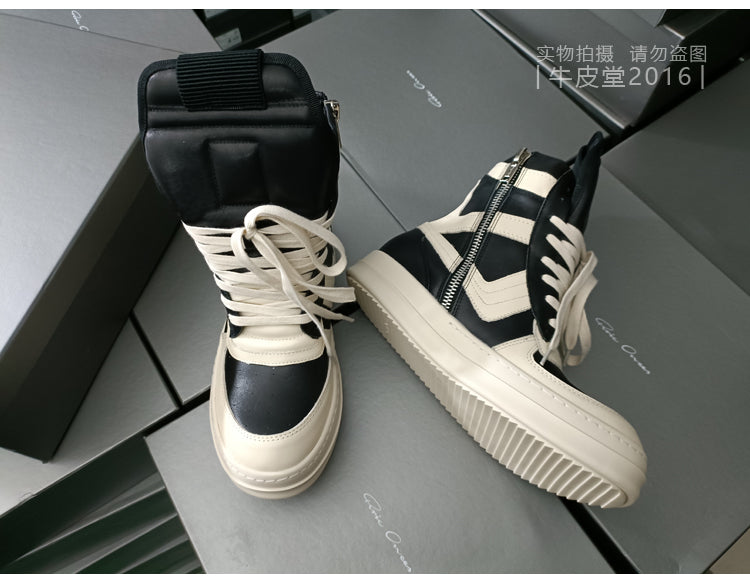 Self-made Rick Owen Reverse Triangle High-Top Leather Shoes Thick SoleSneakers Short Boots