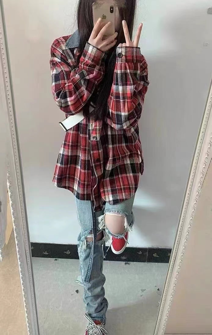 Self-made Fear of God FOG Fifth Season Red Checkered Shirt High Street Loose Fit