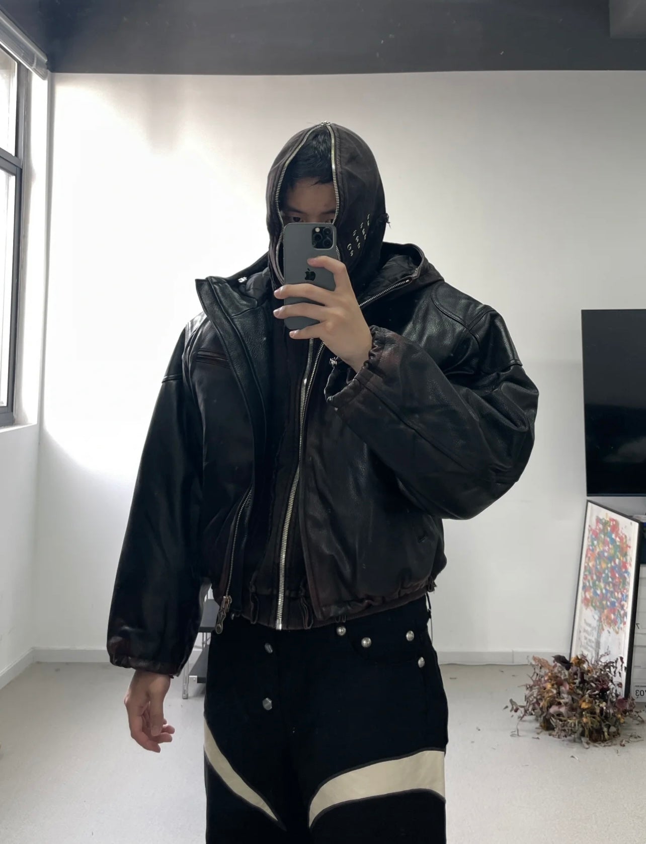 THUG CLUB Heavyweight Black Washed Goatskin Hooded Leather Short Padded Jacket