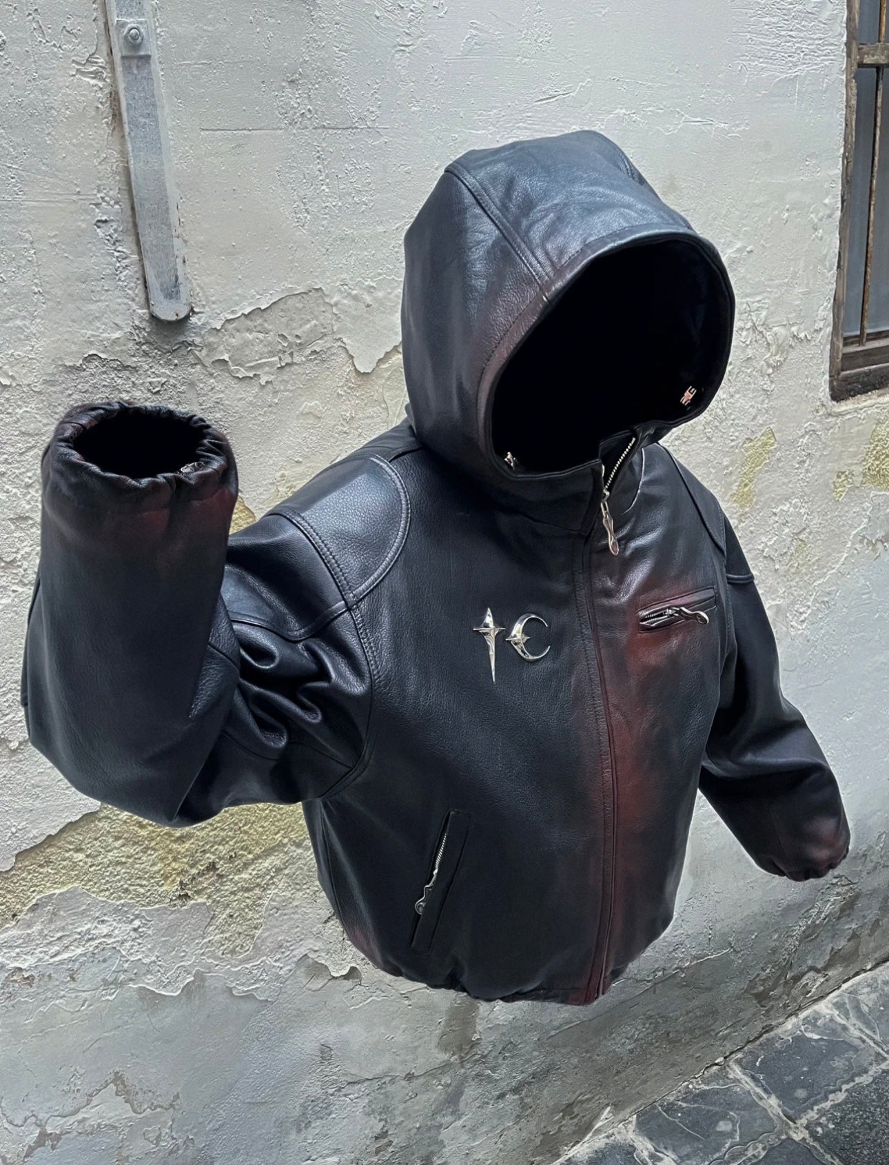 THUG CLUB Heavyweight Black Washed Goatskin Hooded Leather Short Padded Jacket