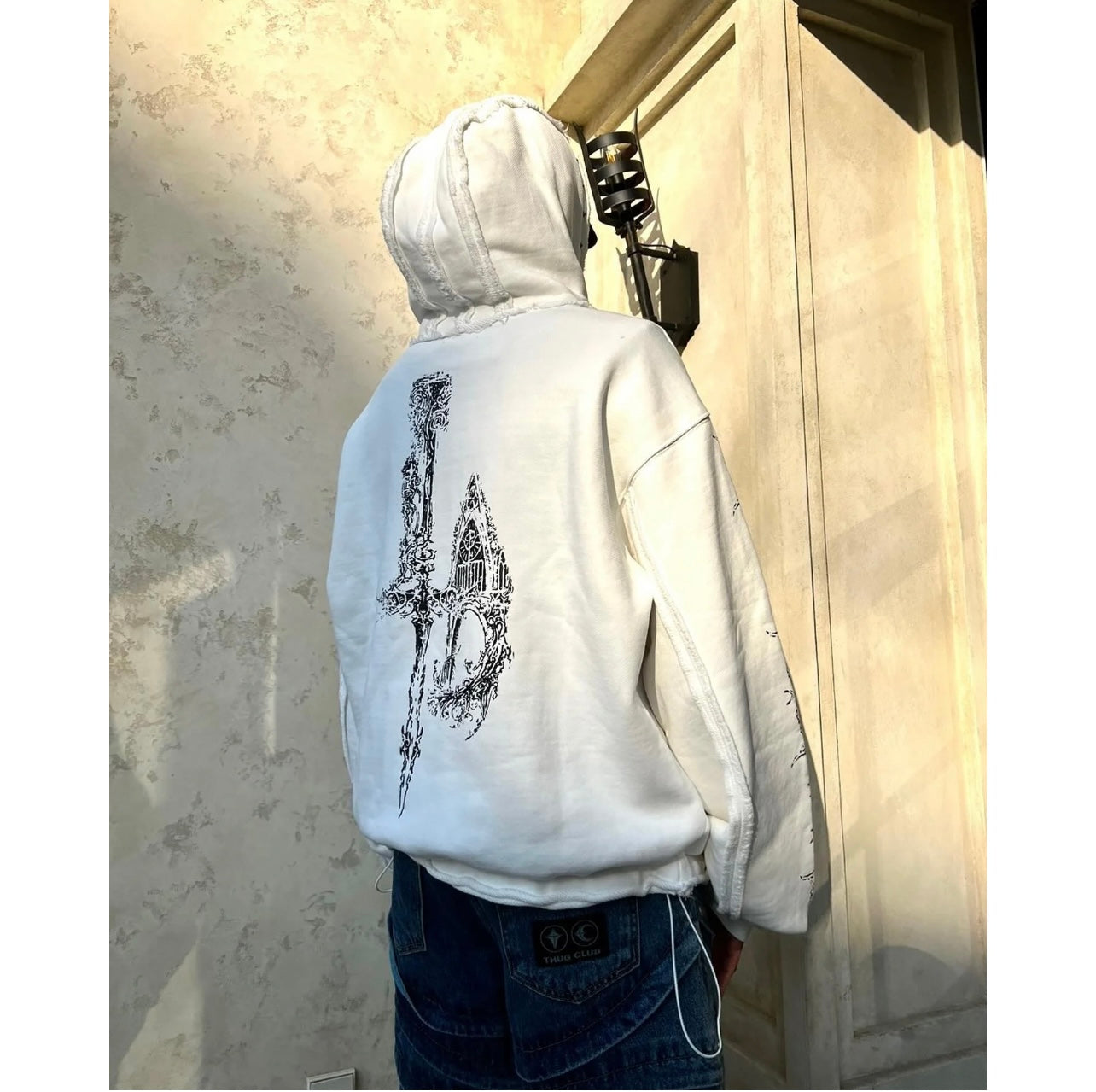 THUG CLUB Heavyweight Hoodie Dragon Spine Demon Print Studded Washed Zip-Up Jackets