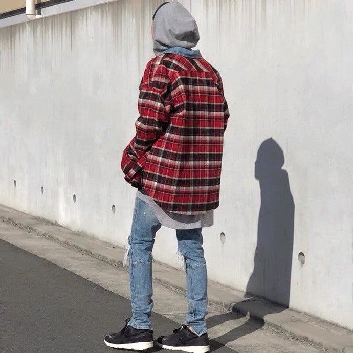 Self-made Fear of God FOG Fifth Season Red Checkered Shirt High Street Loose Fit