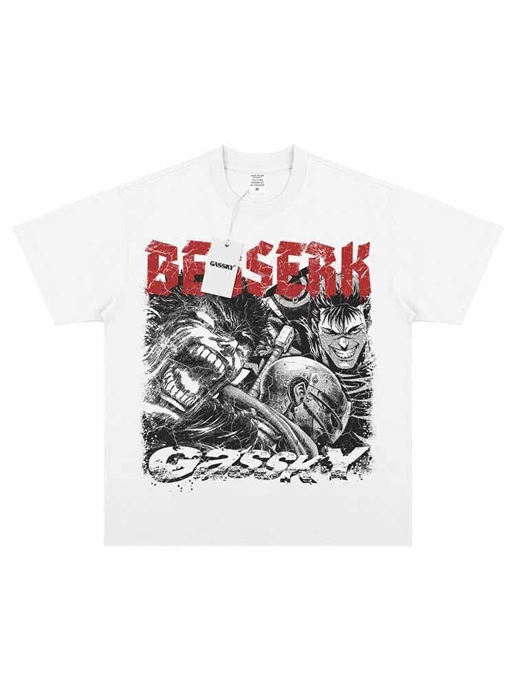 Gassky Berserk: Guts Warrior Vintage Anime Print Tee Retro Washed Short Sleeve