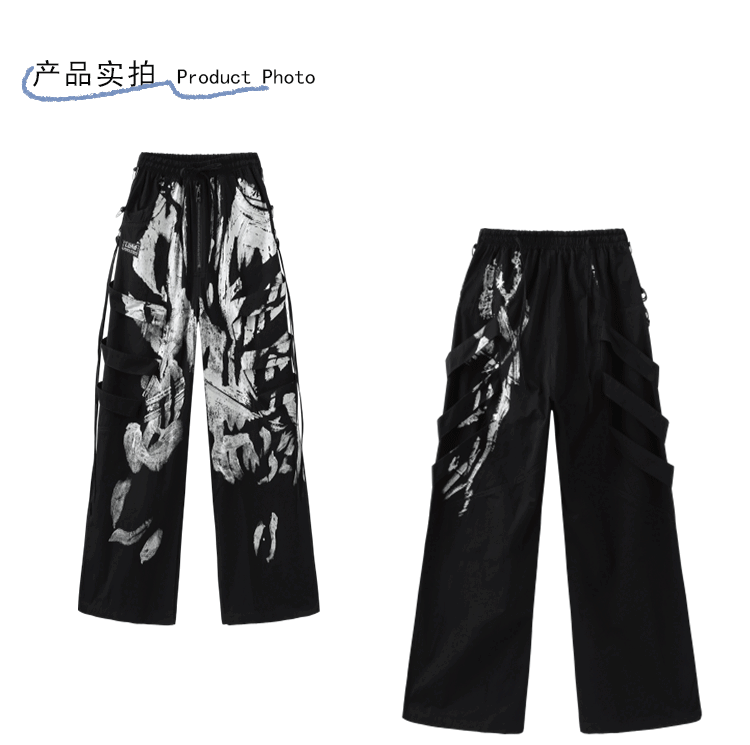 RO Black Work Pants High Street Punk Dark Style Couple Wide-Leg Trousers