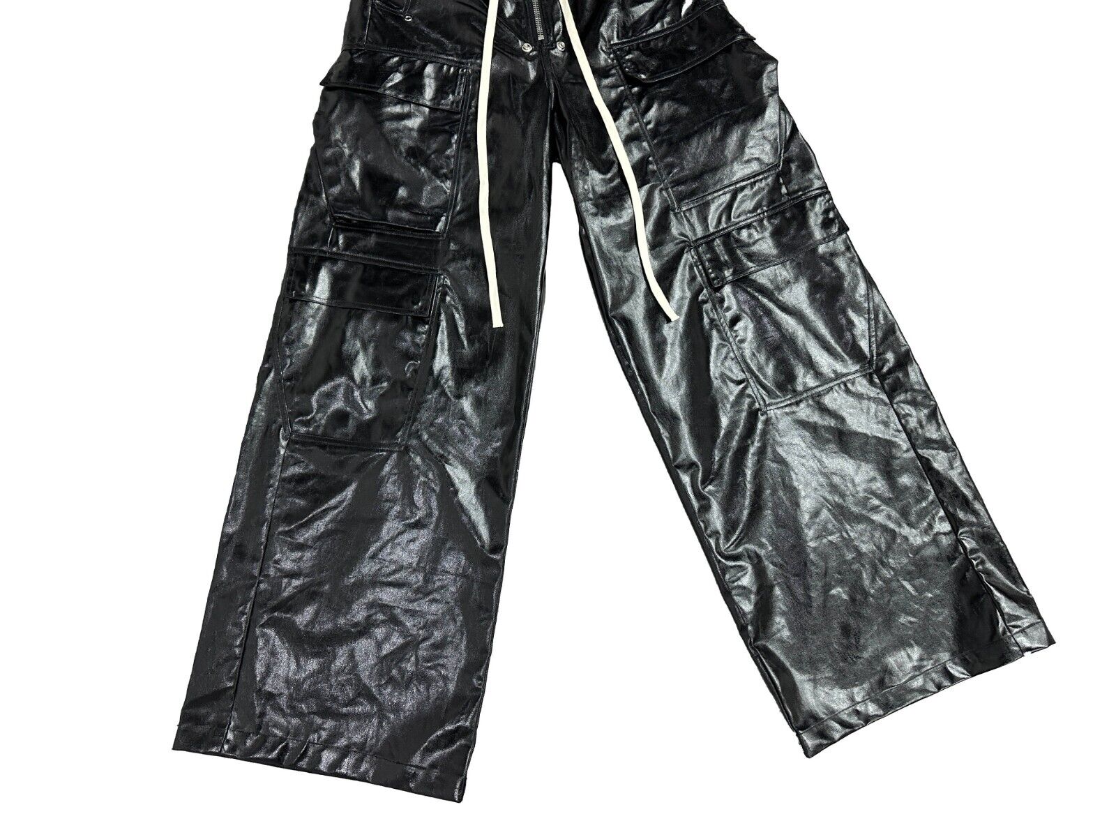 RO Metallic Coated Brushed Wax Glossy Pocket Straight Wide-Leg Flared Trousers