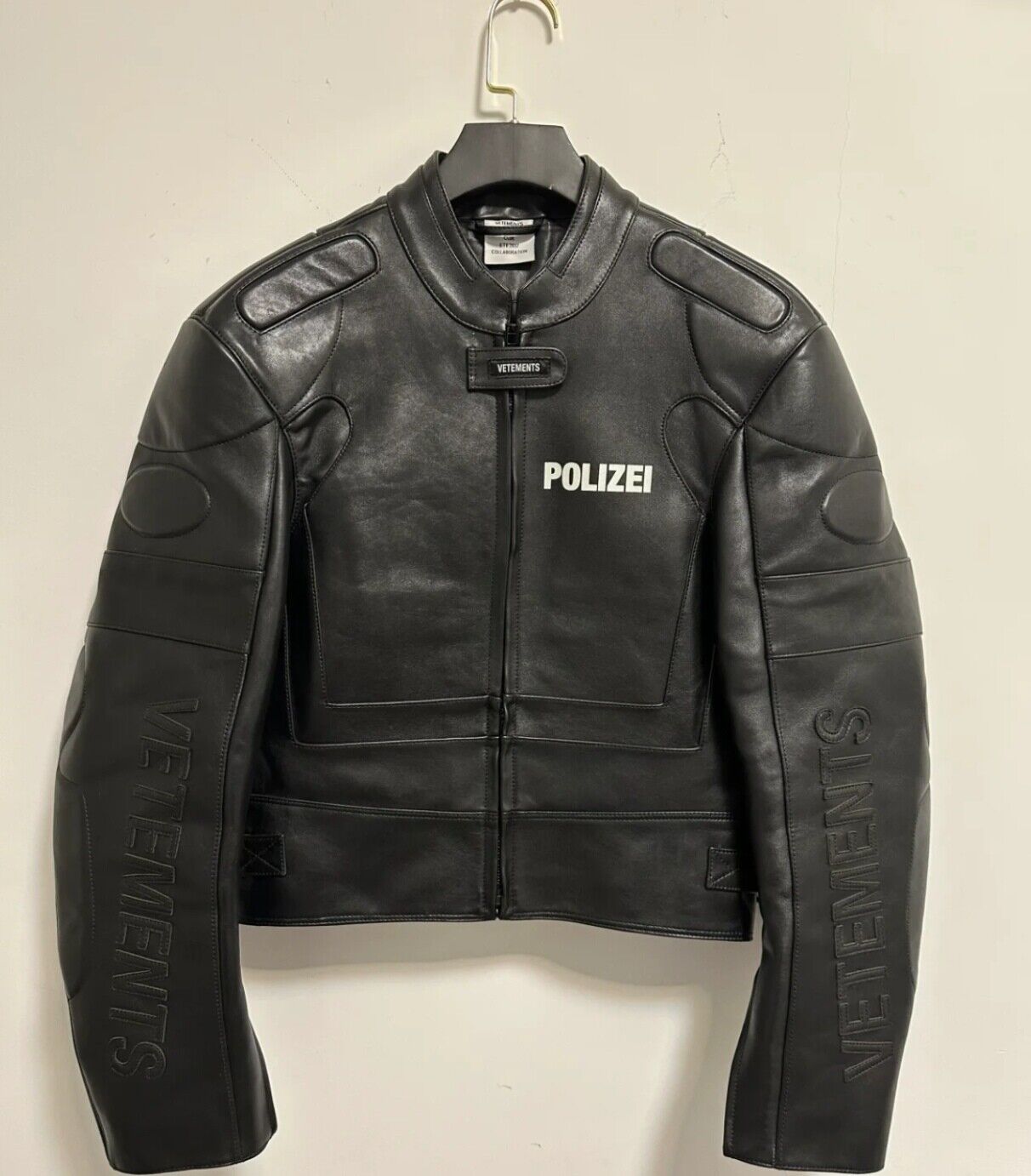 Original Vetements Motorcycle Leather Jacket Polizei Wild Man Biker Letter Print