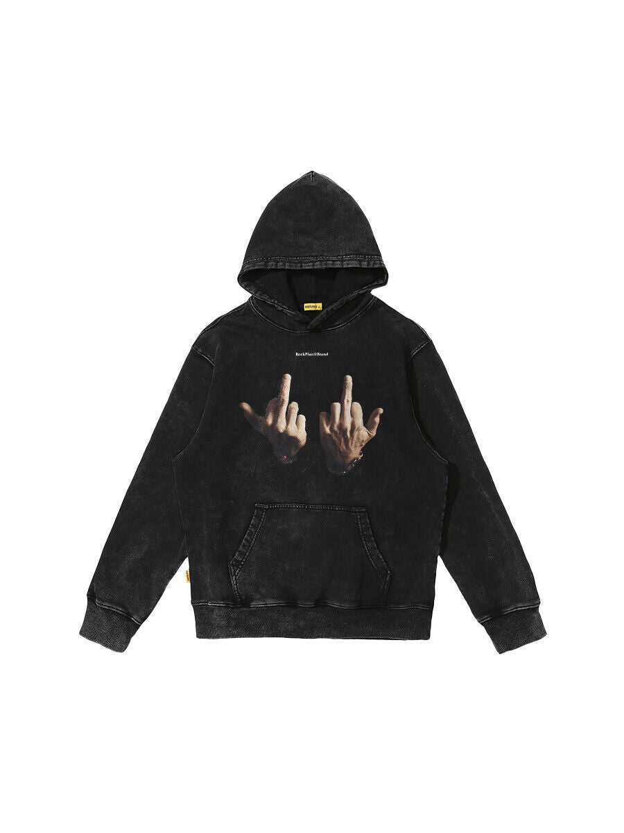 Rock Plan Cotton Hoodie Friendly Gesture Print, Featuring Middle Finger Graphic