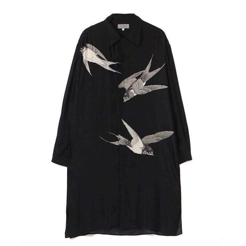 Self-Made Yohji Yamamoto 21AW Dark Silk Swallow Print Back Patch Casual Shirt