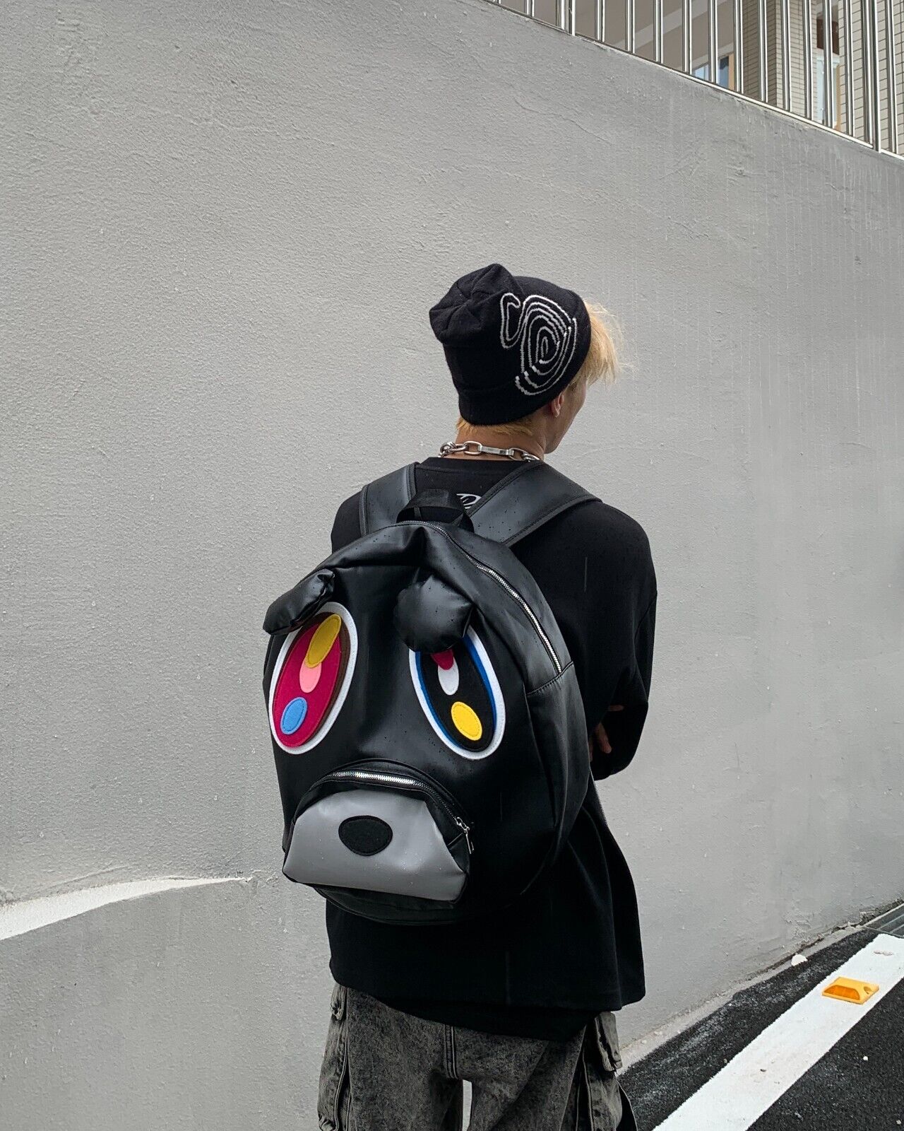 Online Love Master Original Self-Made Dropout Bear Black PU Leather Backpack