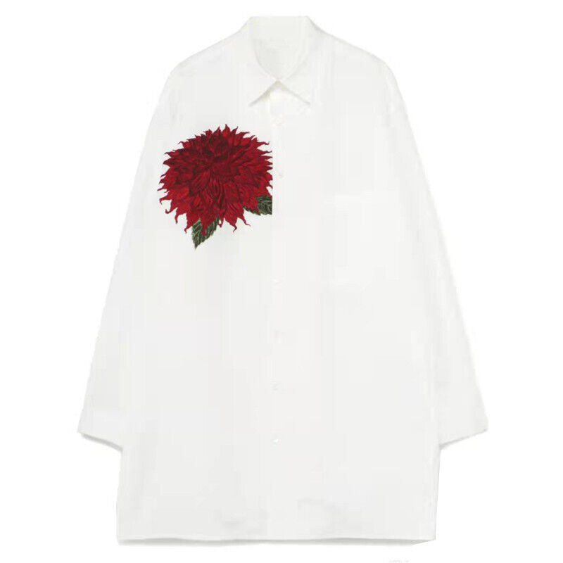 Yohji Yamamoto Red Dahlia Shirt Floral Embroidery, Loose Fit Long Sleeve Shirt