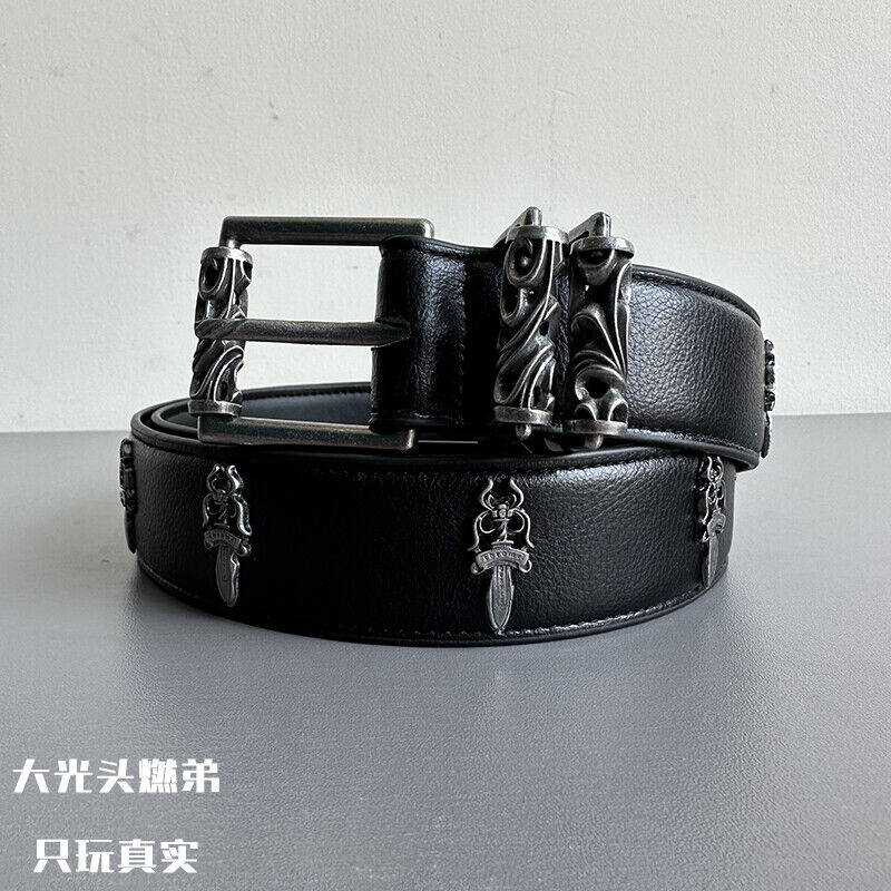 CH Ver Holy Sword Carved Roller Leather Belt Top Layer Cowhide 925 Silver-Plated